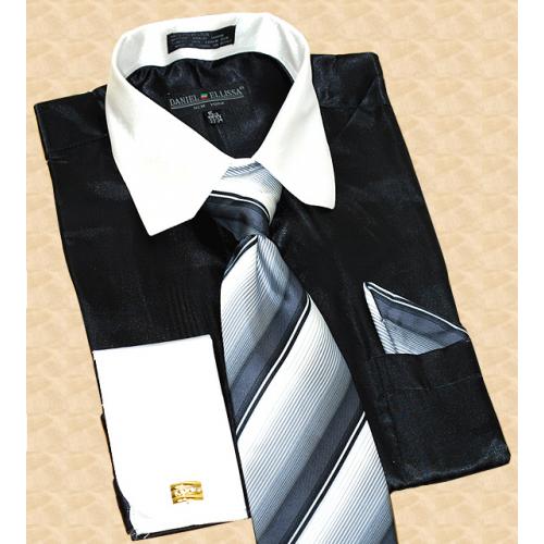 Daniel Ellissa Satin Black/White Dress Shirt/Tie/Hanky Set With French Cuffs